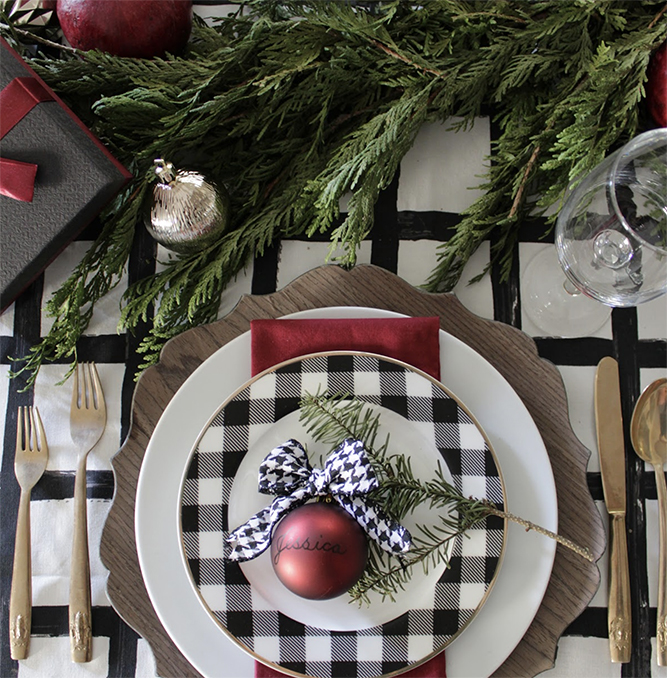 christmas table decor with plaid patterns