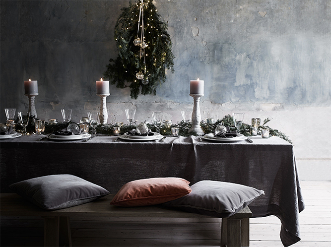 christmas table decor in shades of grey