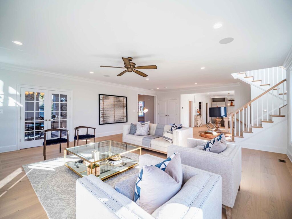 coastal living room with engineered hardwood flooring