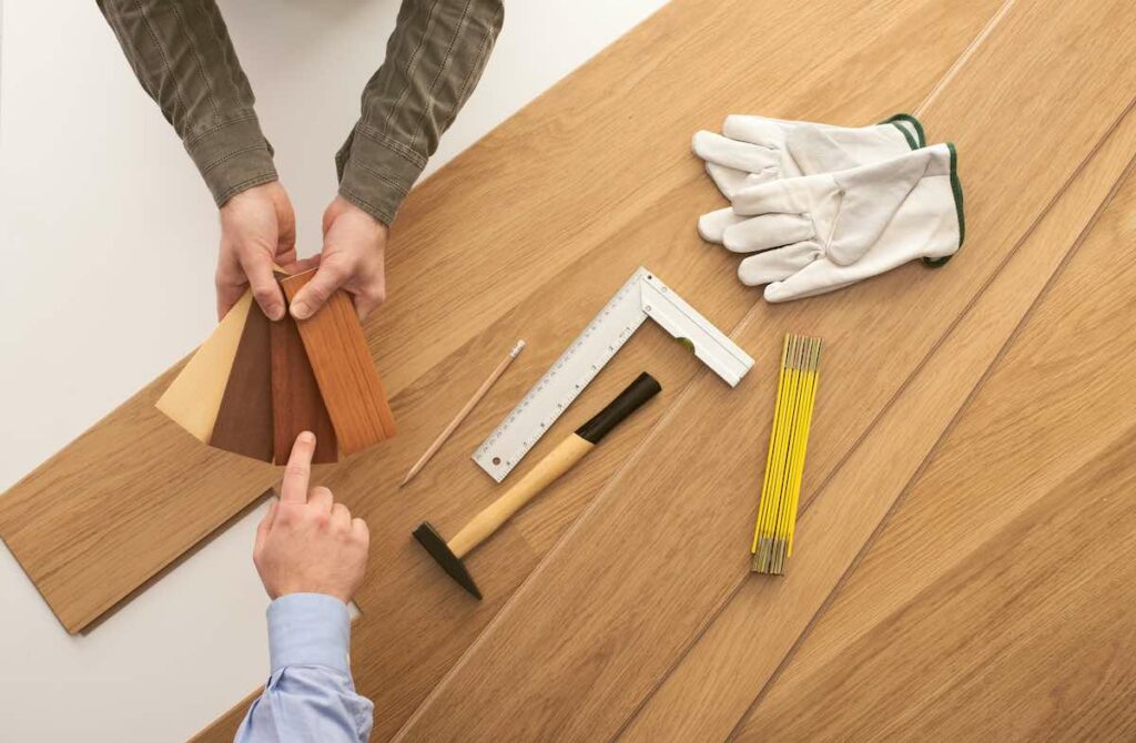 Flooring contractor showing hardwood flooring color options