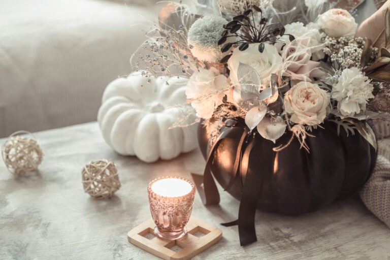 decorating for fall. White pumpkin and some dried flowers