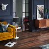 Water resistant real wood flooring in an eclectic room